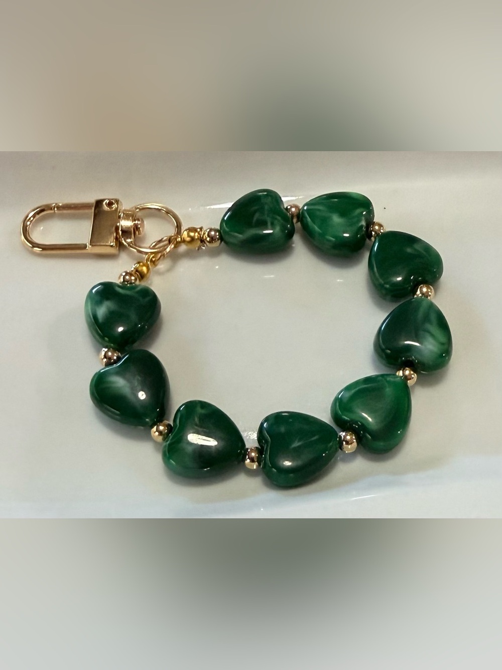 Gold-Accent Green Heart Bead Key Chain/Bag Charm